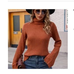Women's Ribbed Turtleneck Sweater - Rust